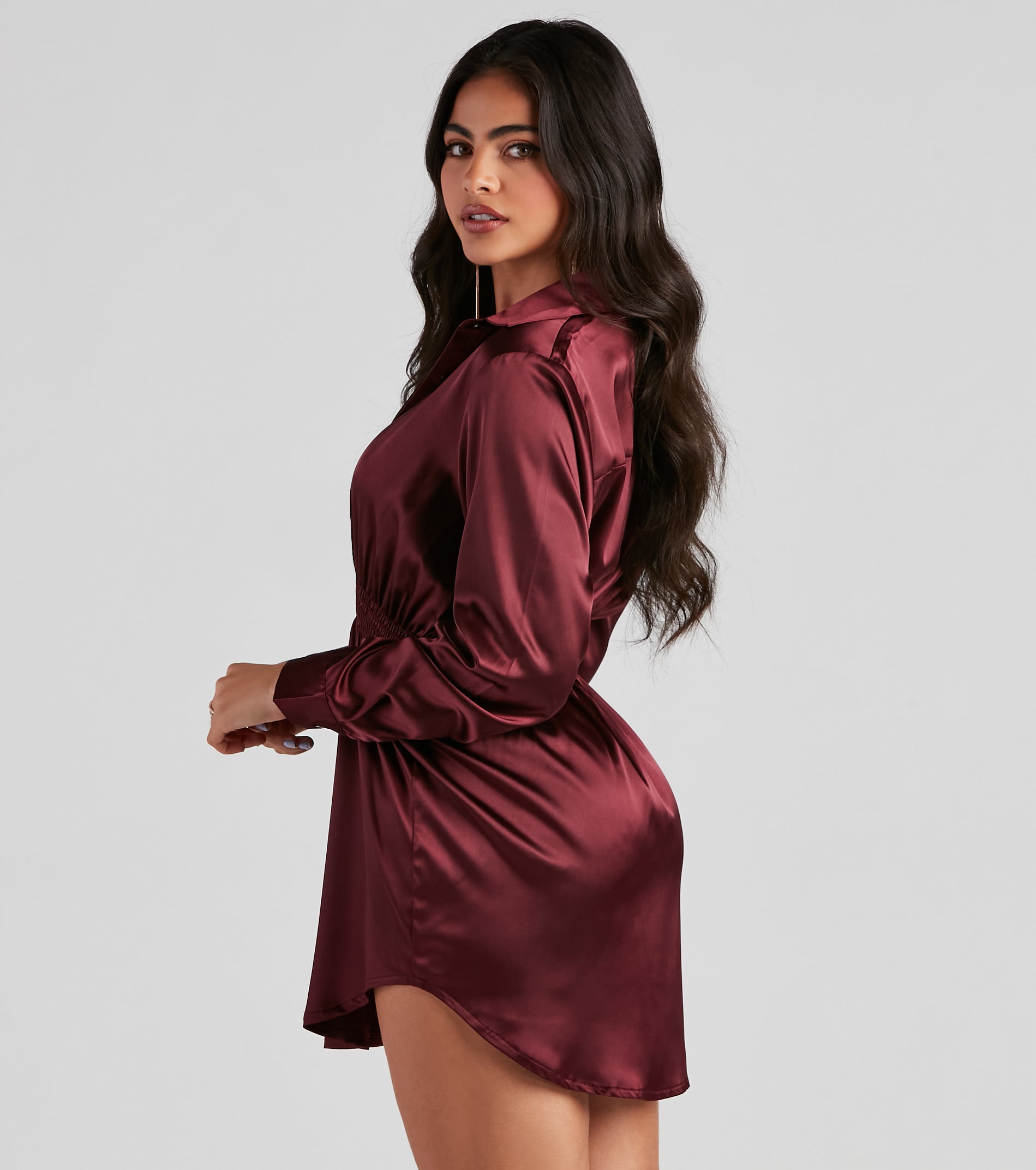 Fall Nights Satin Button-Up Short Dress - Image 7