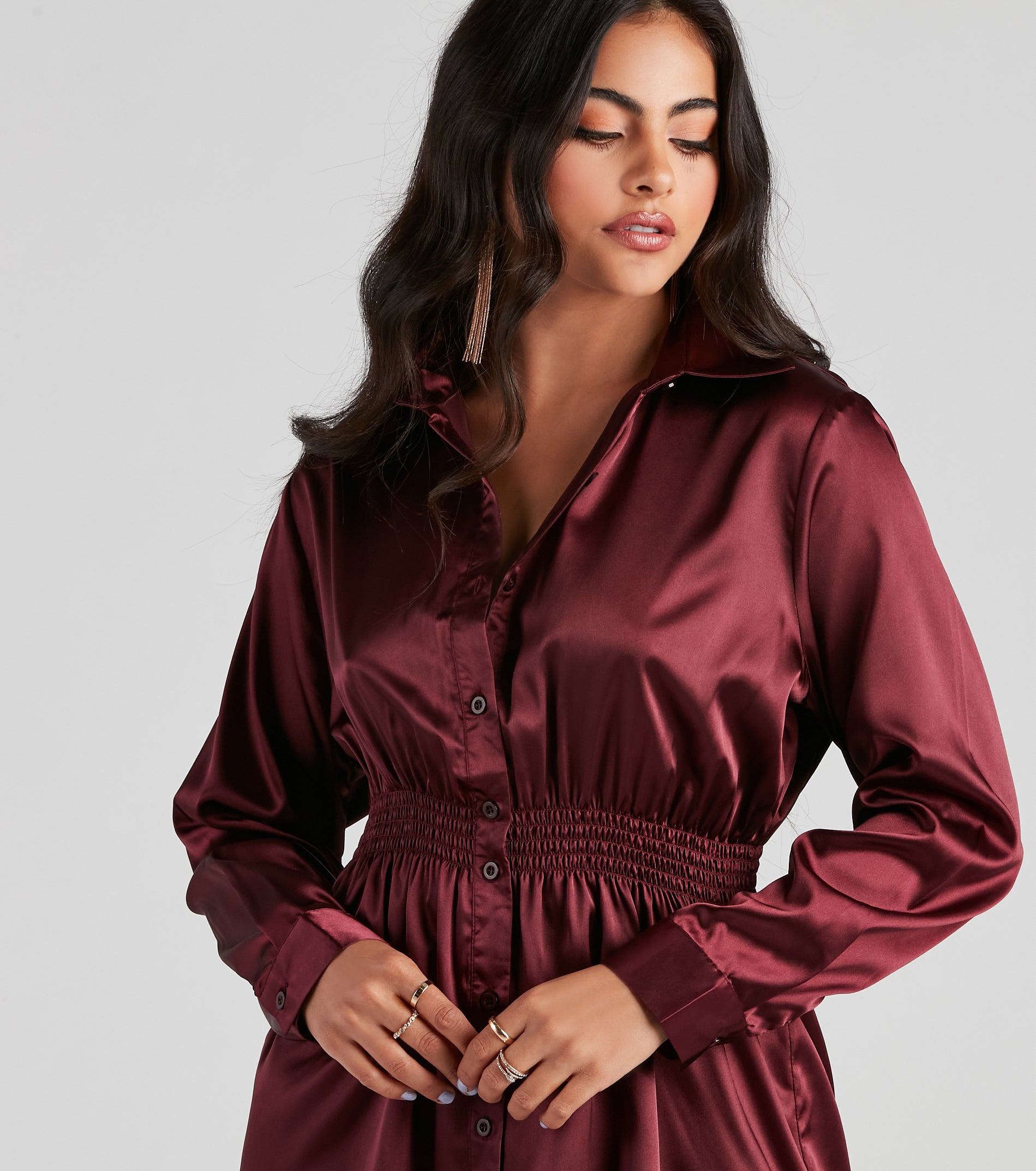 Fall Nights Satin Button-Up Short Dress - Image 8