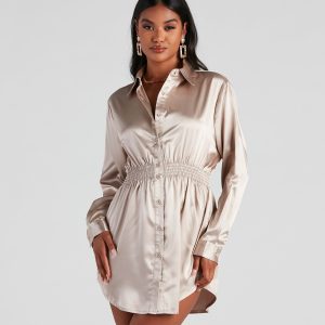 Fall Nights Satin Button-Up Short Dress