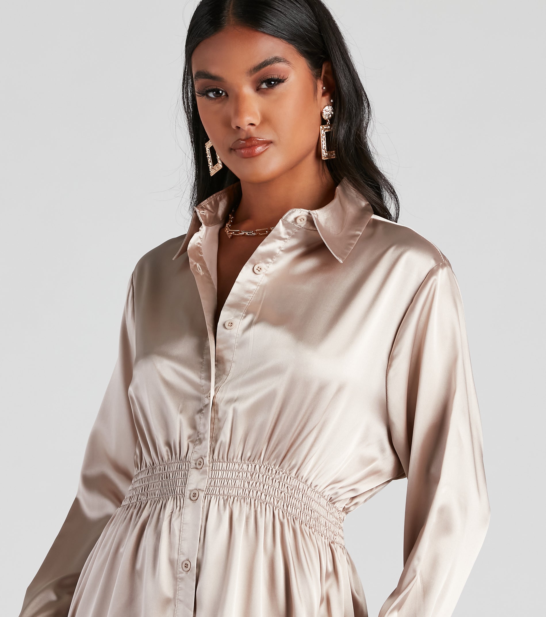 Fall Nights Satin Button-Up Short Dress - Image 4