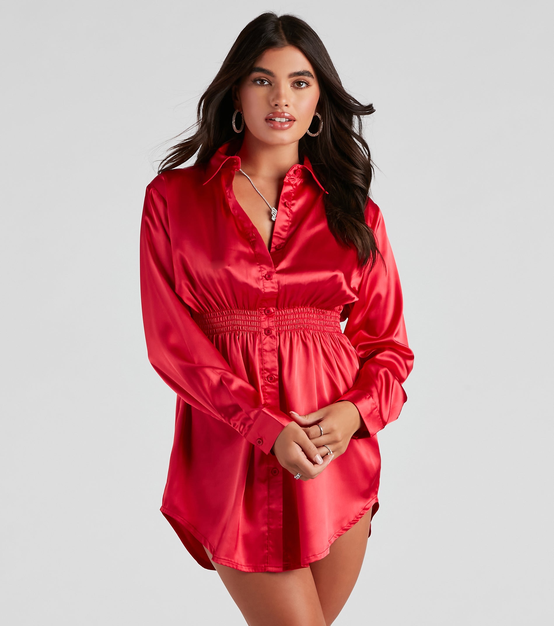 Fall Nights Satin Button-Up Short Dress - Image 17