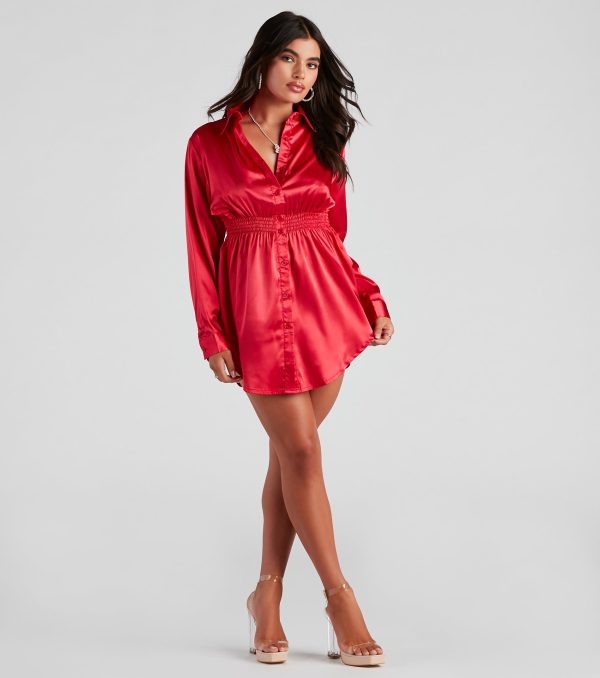 Fall Nights Satin Button-Up Short Dress - Image 15