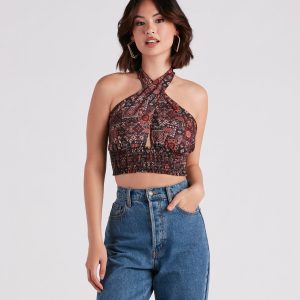 Sultry Boho Print Halter Crop Top