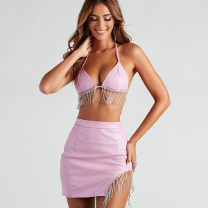 Sexy Shimmer Rhinestone Faux Leather Halter Bra