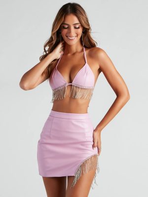 Sexy Shimmer Rhinestone Faux Leather Halter Bra