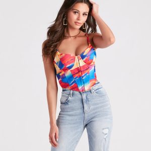 Abstract Allure Watercolor Print Corset Top