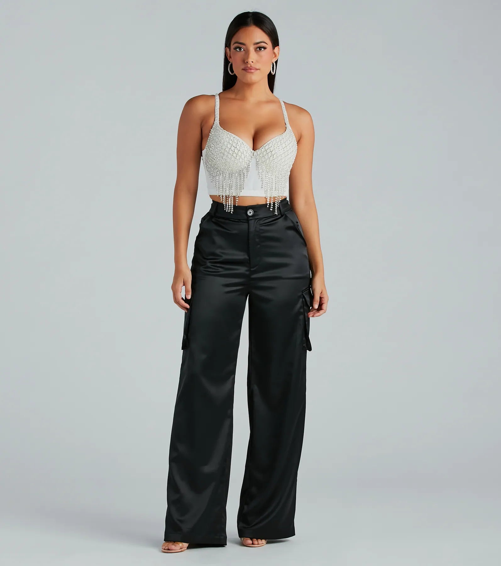 Glitzy Glamour Rhinestone Fringe Cropped Bustier - Image 3