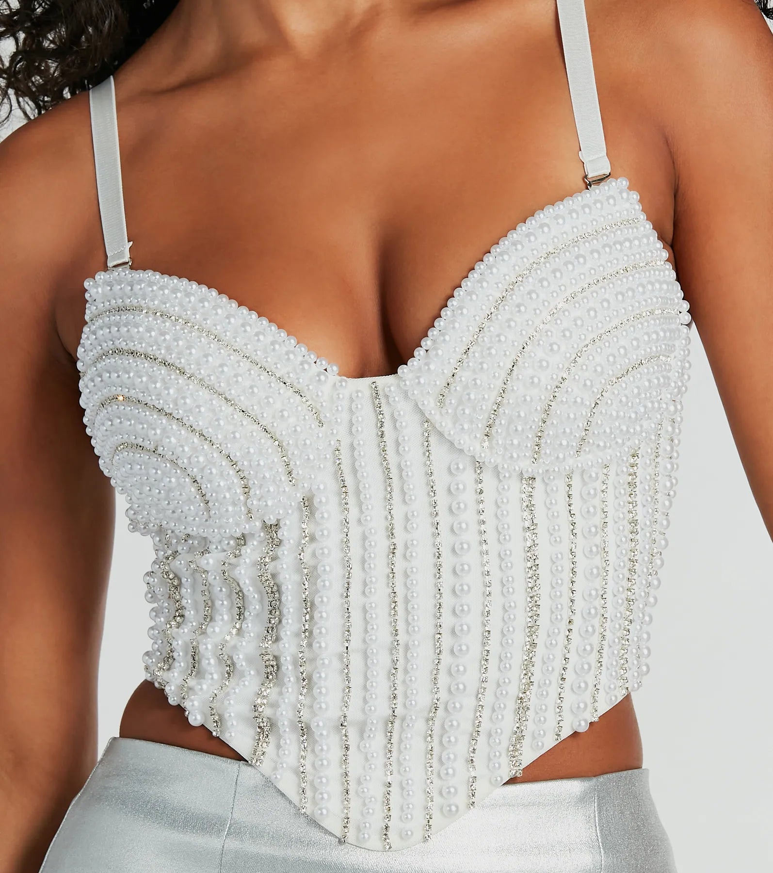 Feeling Bold Faux Pearl Rhinestone Bustier - Image 4