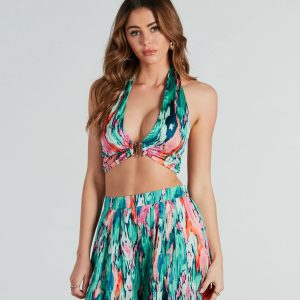 Color Me Pretty Satin Abstract Crop Top