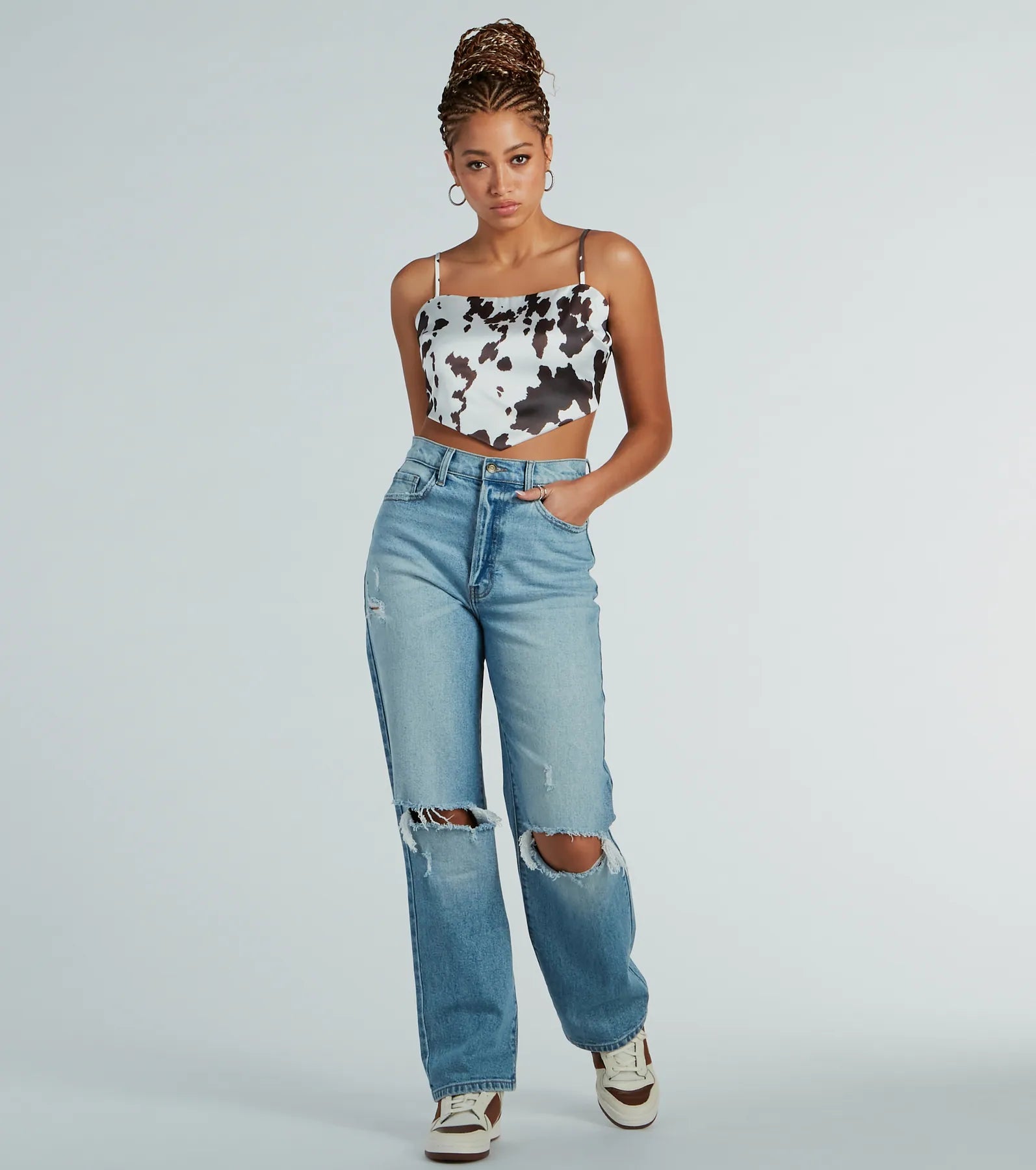 Country Chick Cow Print Satin Crop Top - Image 3
