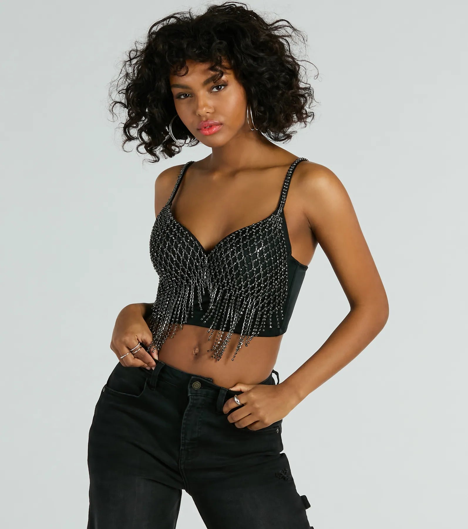 Glitzy Glamour Rhinestone Fringe Cropped Bustier - Image 5