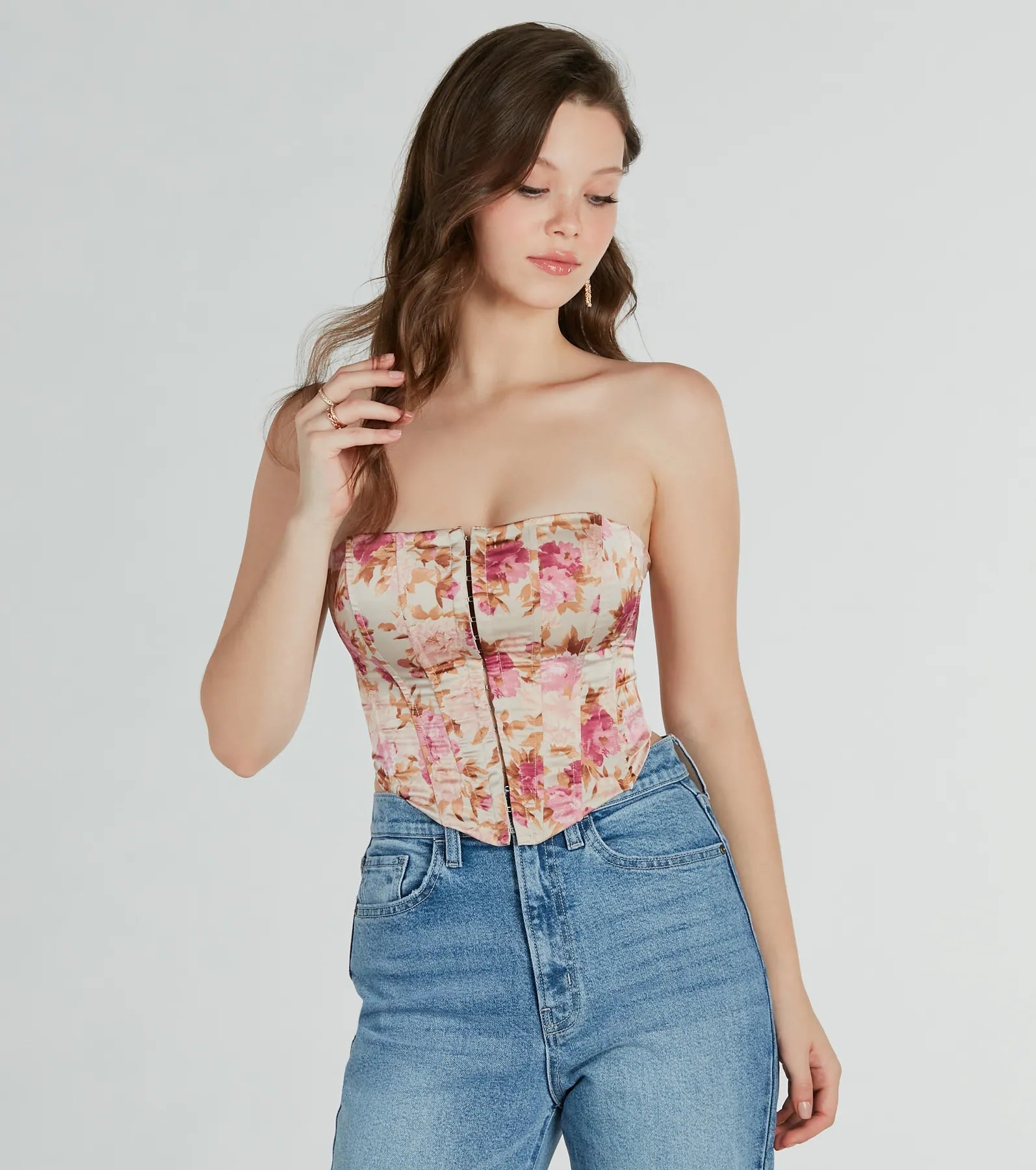 Time To Bloom Satin Floral Lace-Up Corset Top - Image 5
