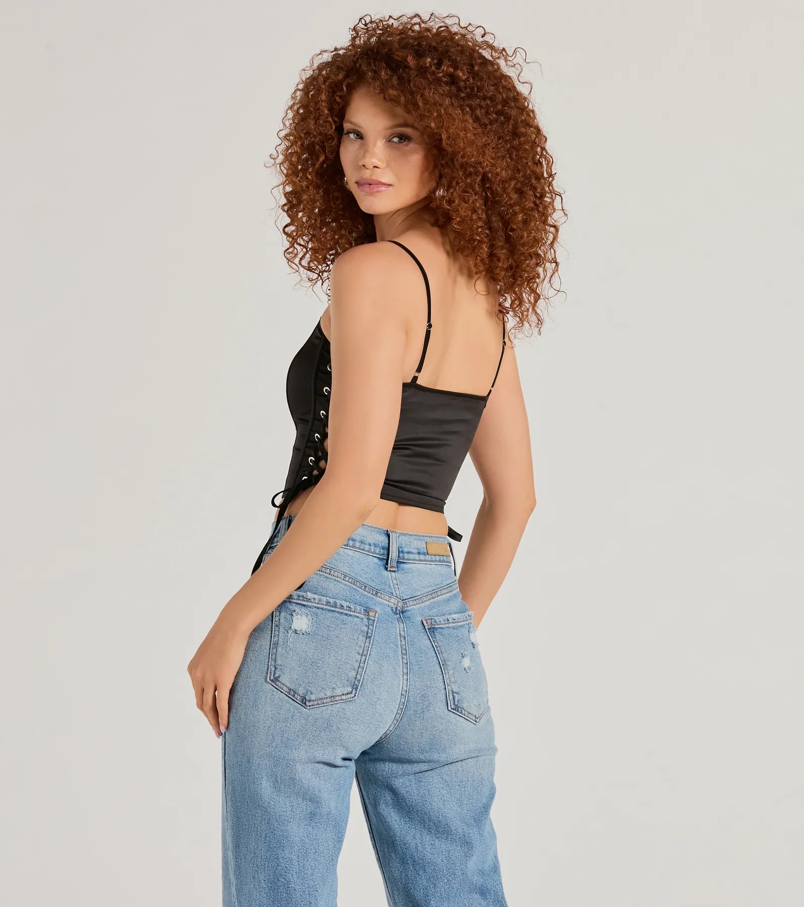 Love It Lace-Up Satin Cropped Corset Top - Image 2