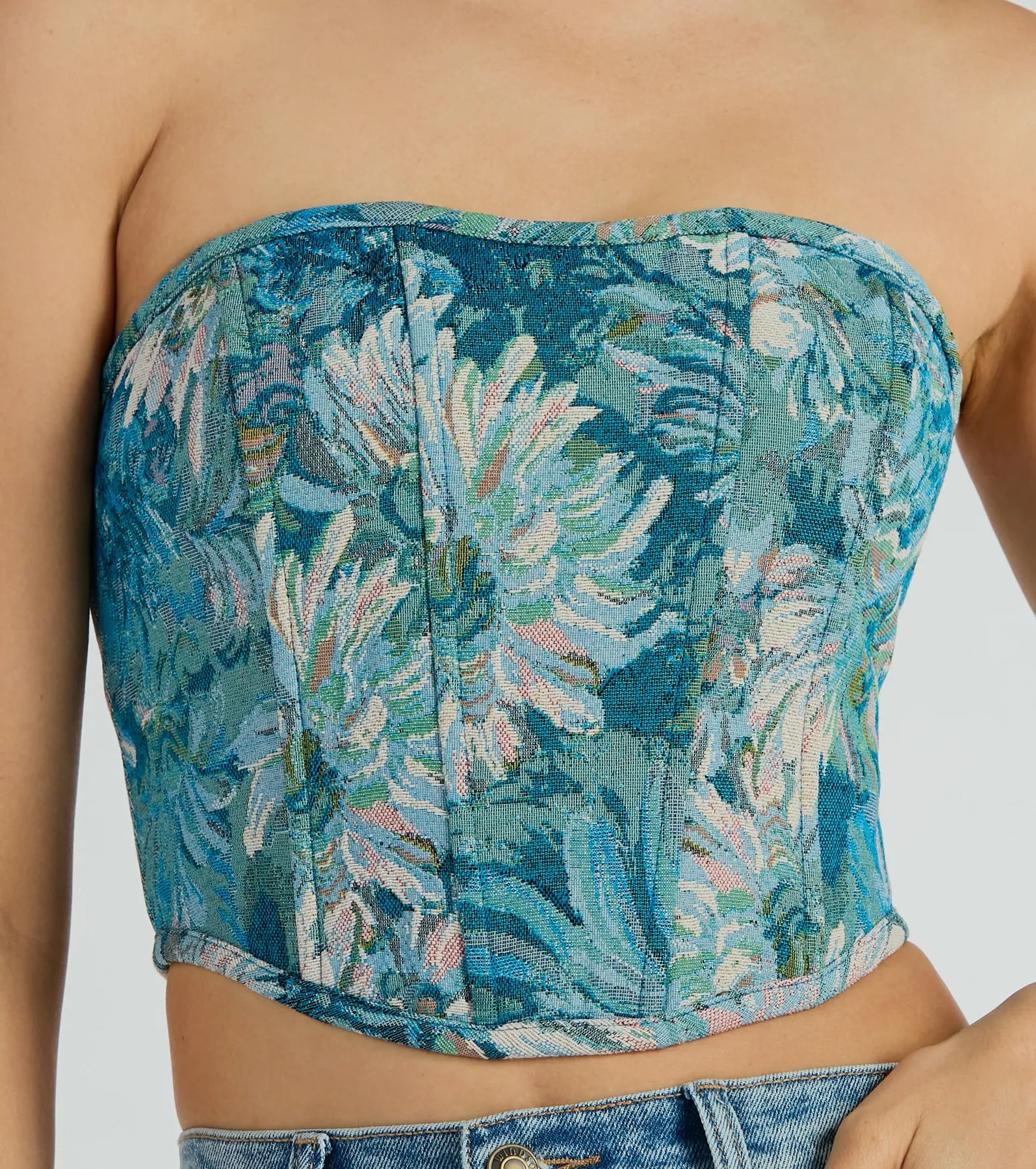 Have We Met Strapless Lace Up Jacquard Corset Top - Image 4