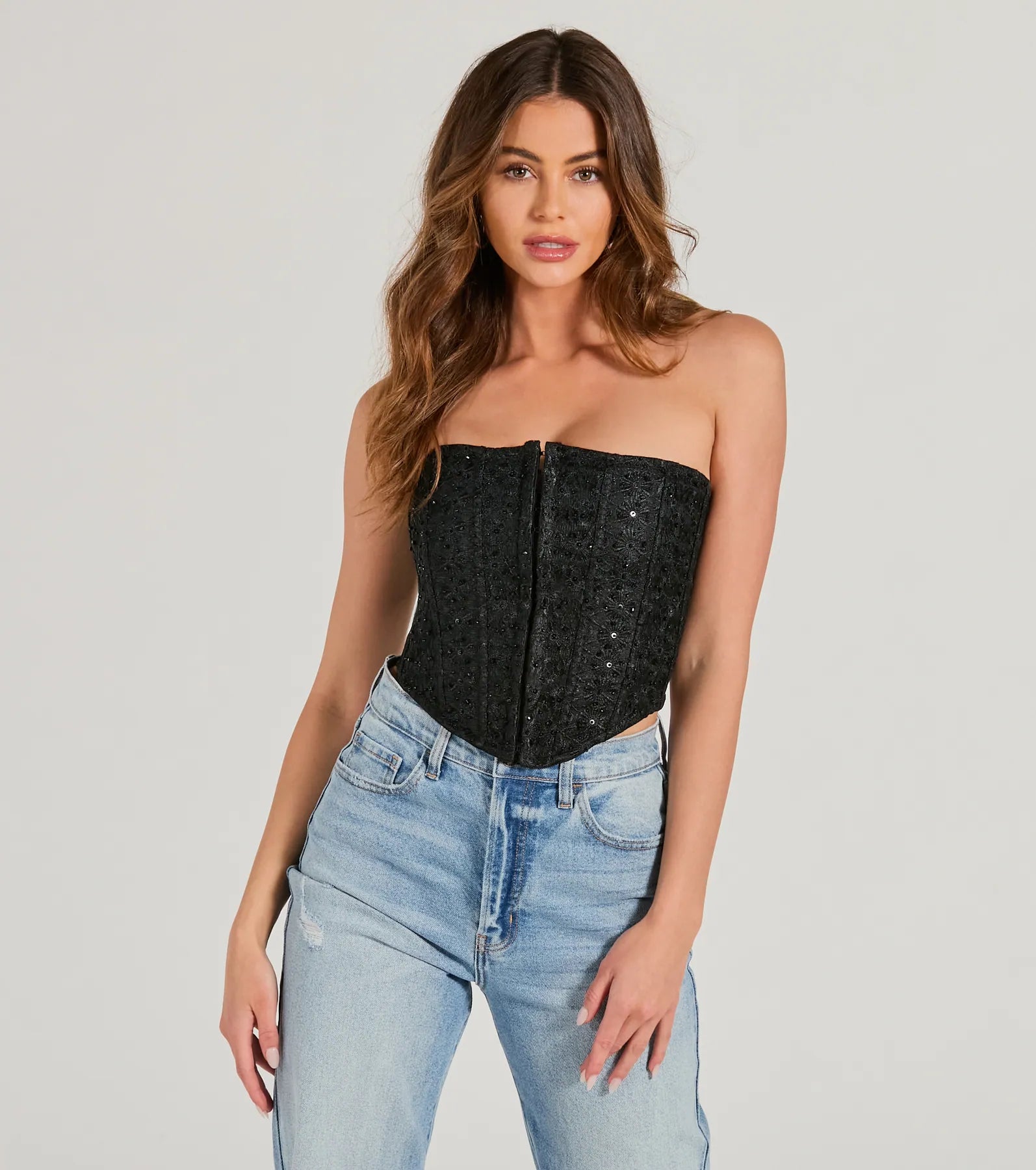 Show Stopper Strapless Lace Beaded Corset Top - Image 5