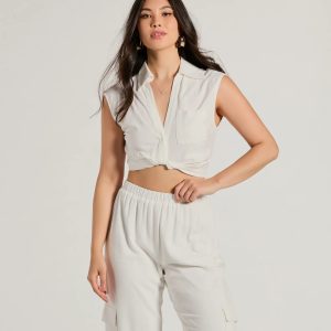Breezy Mood Collared Linen Crop Top