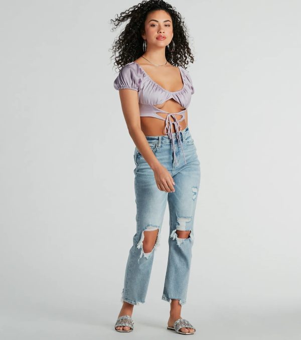 Around Town Puff Sleeve Tie-Front Satin Crop Top - Image 6