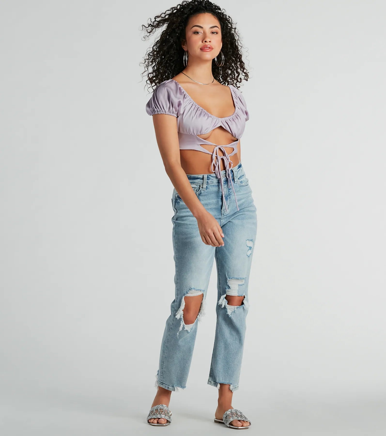 Around Town Puff Sleeve Tie-Front Satin Crop Top - Image 6