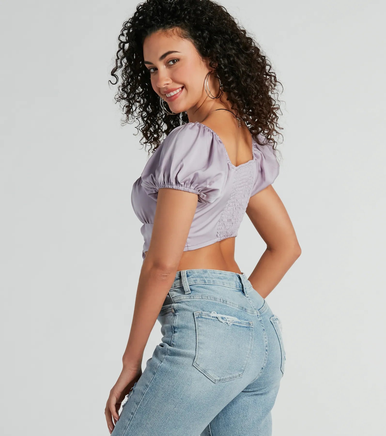 Around Town Puff Sleeve Tie-Front Satin Crop Top - Image 7