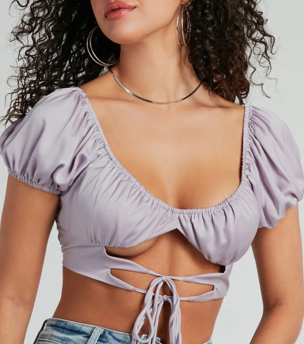 Around Town Puff Sleeve Tie-Front Satin Crop Top - Image 8