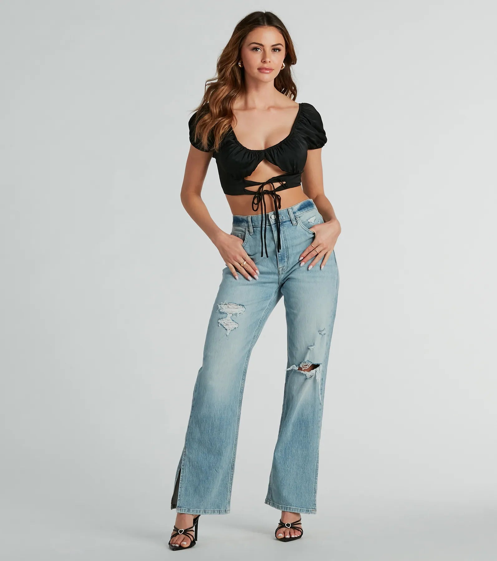 Around Town Puff Sleeve Tie-Front Satin Crop Top - Image 2