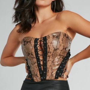 Snake Skin Tight Lace-Up Faux Leather Corset Top