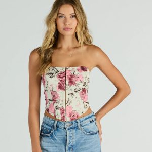 Time To Bloom Satin Floral Lace-Up Corset Top