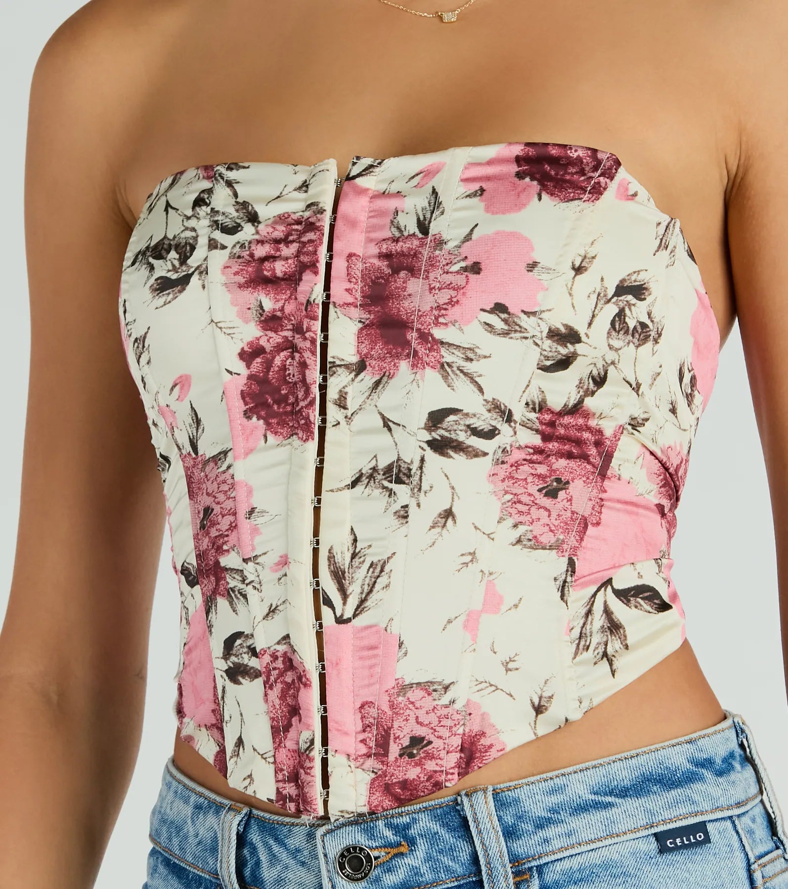 Time To Bloom Satin Floral Lace-Up Corset Top - Image 3
