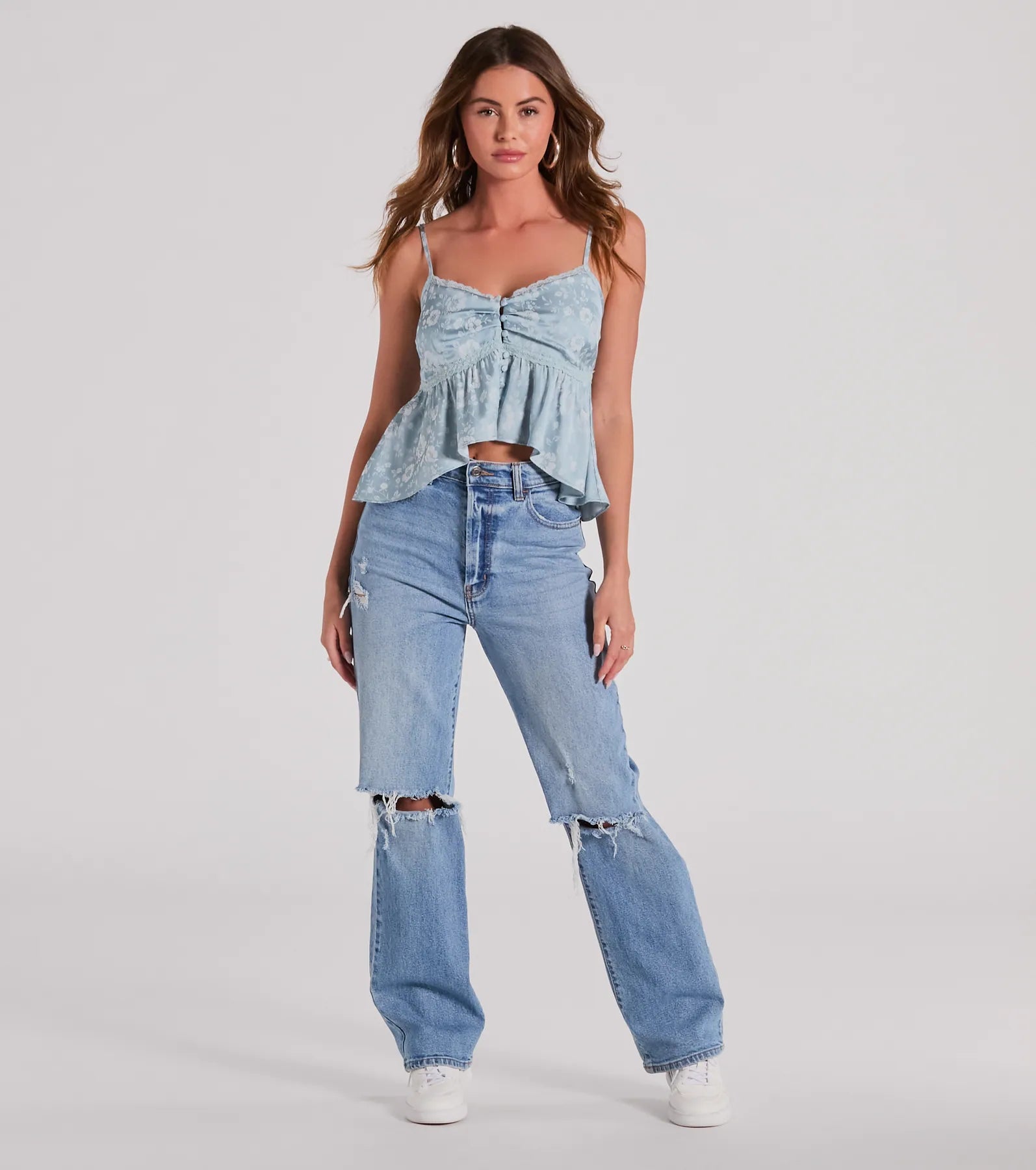 Charming And Sweet Button Down Floral Satin Crop Top - Image 3