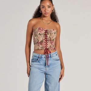 Blooming Beauty Tapestry Lace-Up Cropped Corset Top