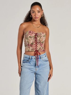 Blooming Beauty Tapestry Lace-Up Cropped Corset Top
