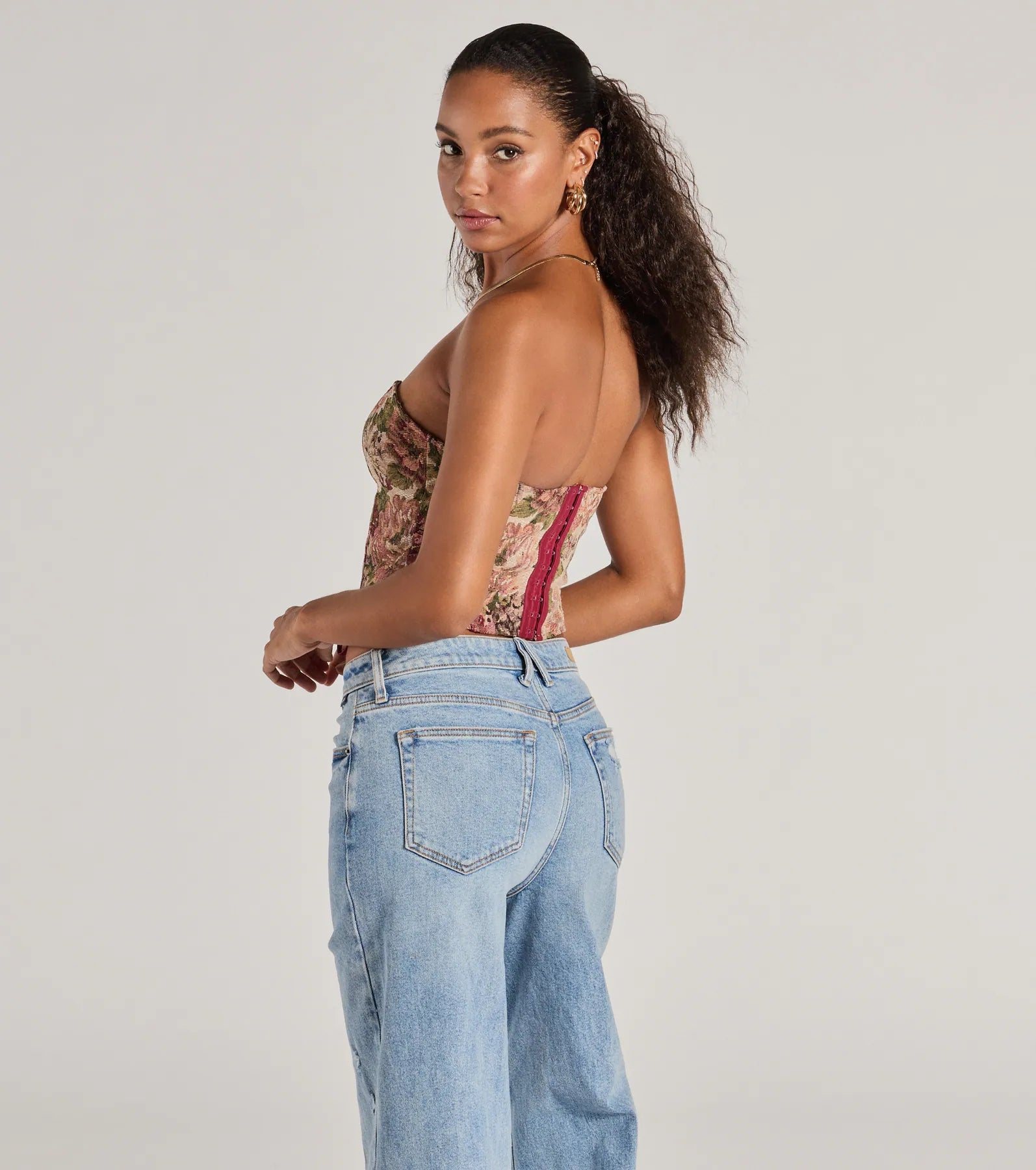 Blooming Beauty Tapestry Lace-Up Cropped Corset Top - Image 2