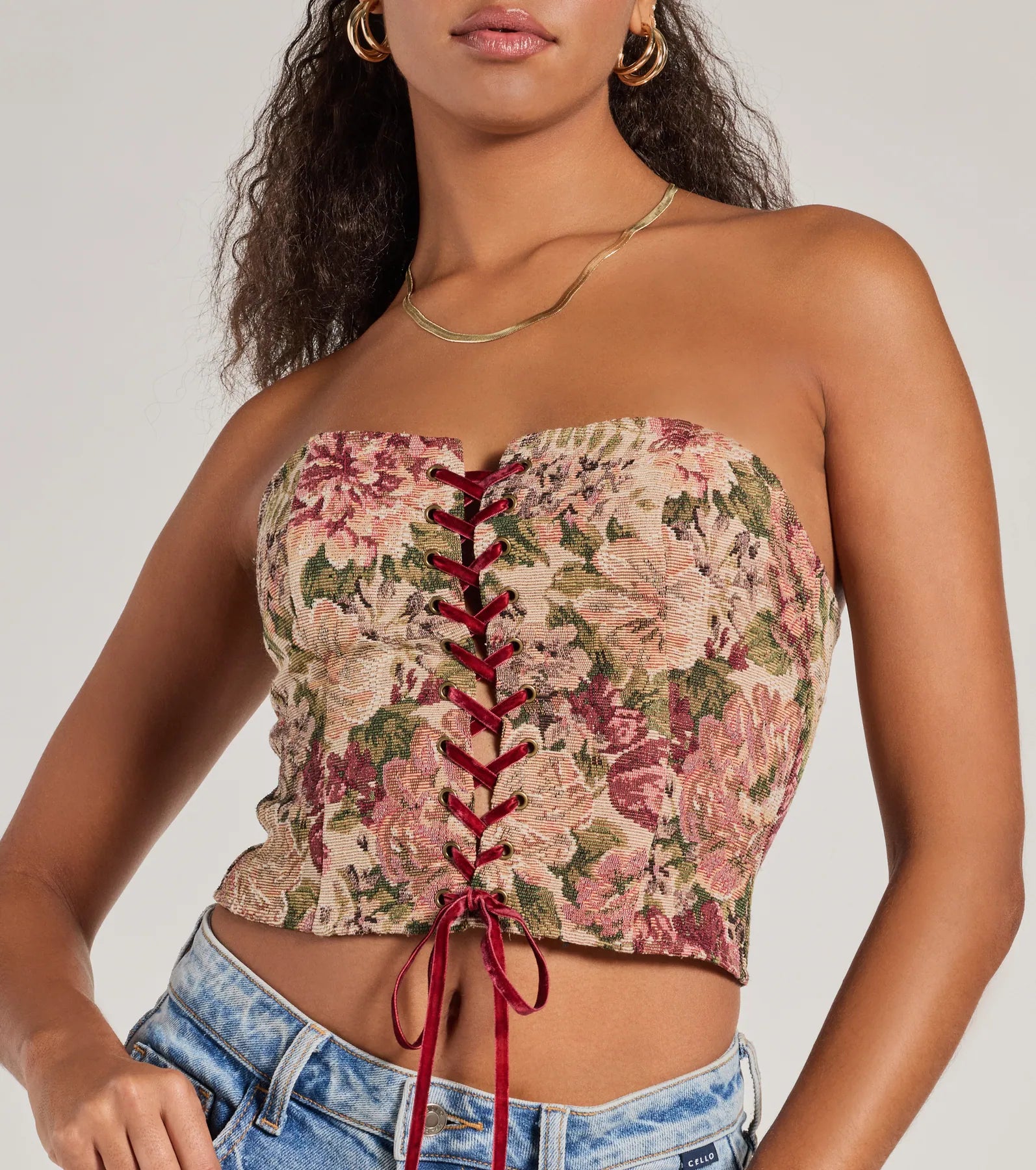 Blooming Beauty Tapestry Lace-Up Cropped Corset Top - Image 3