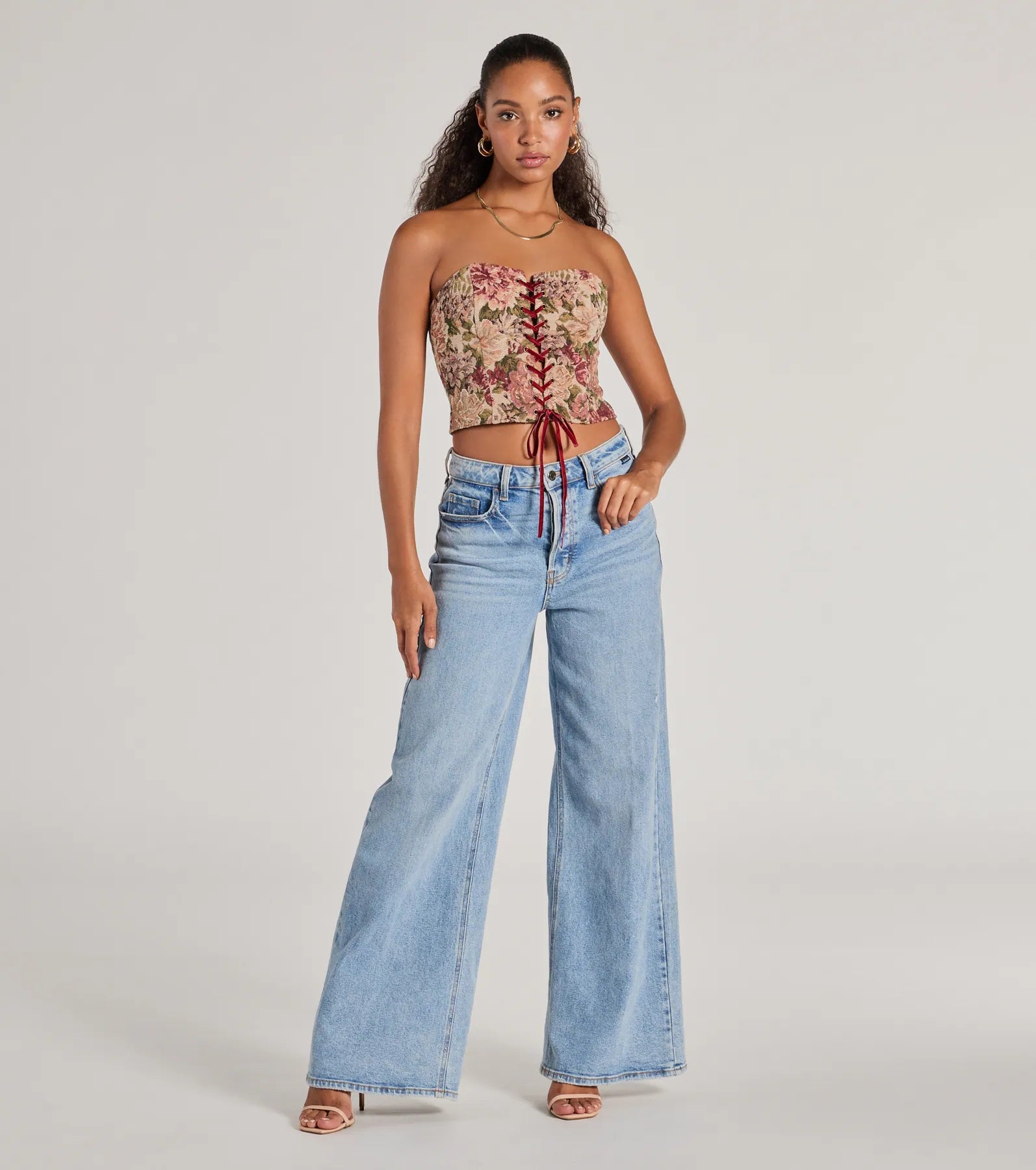 Blooming Beauty Tapestry Lace-Up Cropped Corset Top - Image 4
