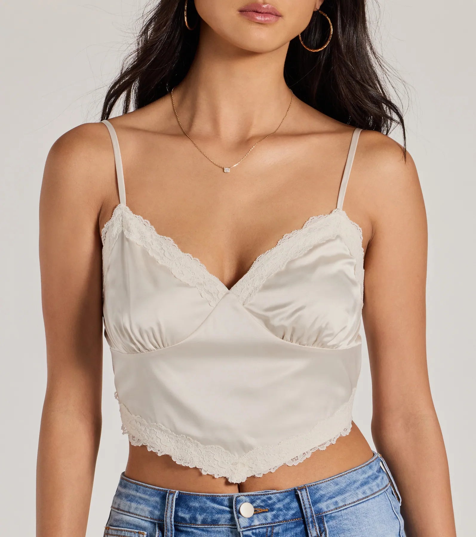 Romance In The Air Lace Trim Satin Cami Crop Top - Image 8