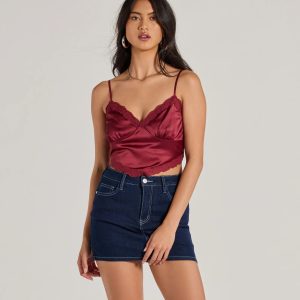 Romance In The Air Lace Trim Satin Cami Crop Top