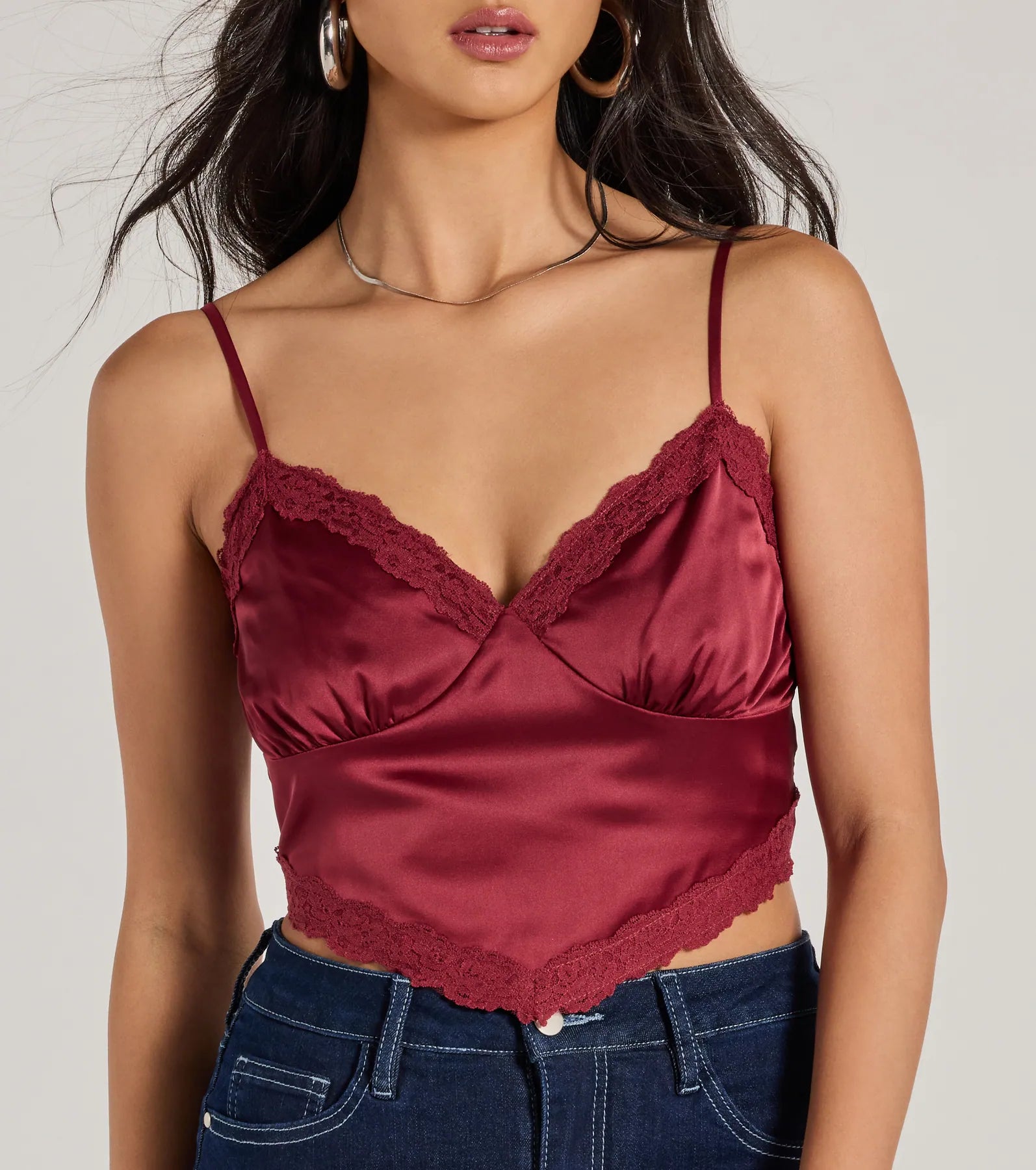 Romance In The Air Lace Trim Satin Cami Crop Top - Image 4