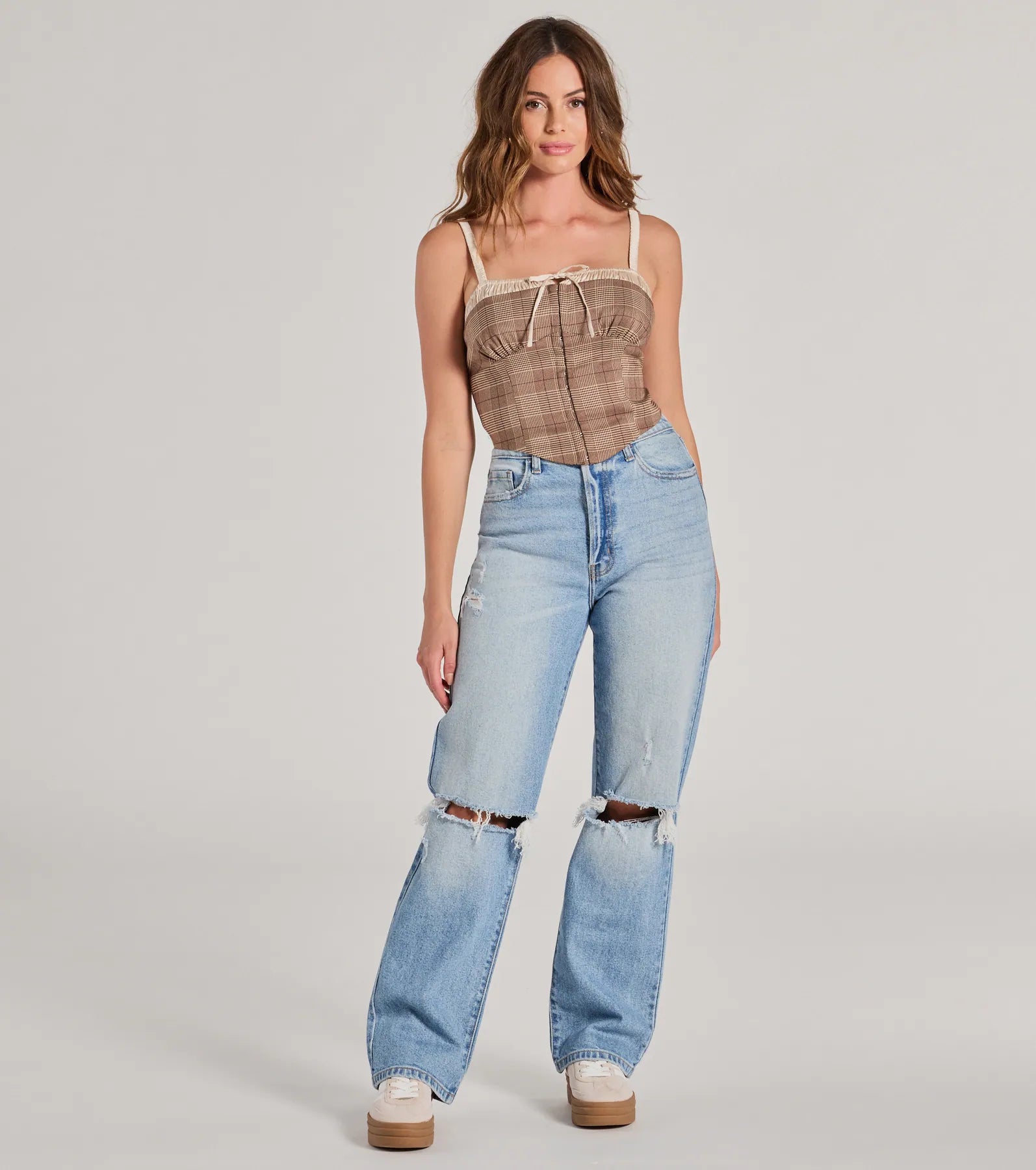 Pristine Classic Satin Trim Plaid Corset Crop Top - Image 3