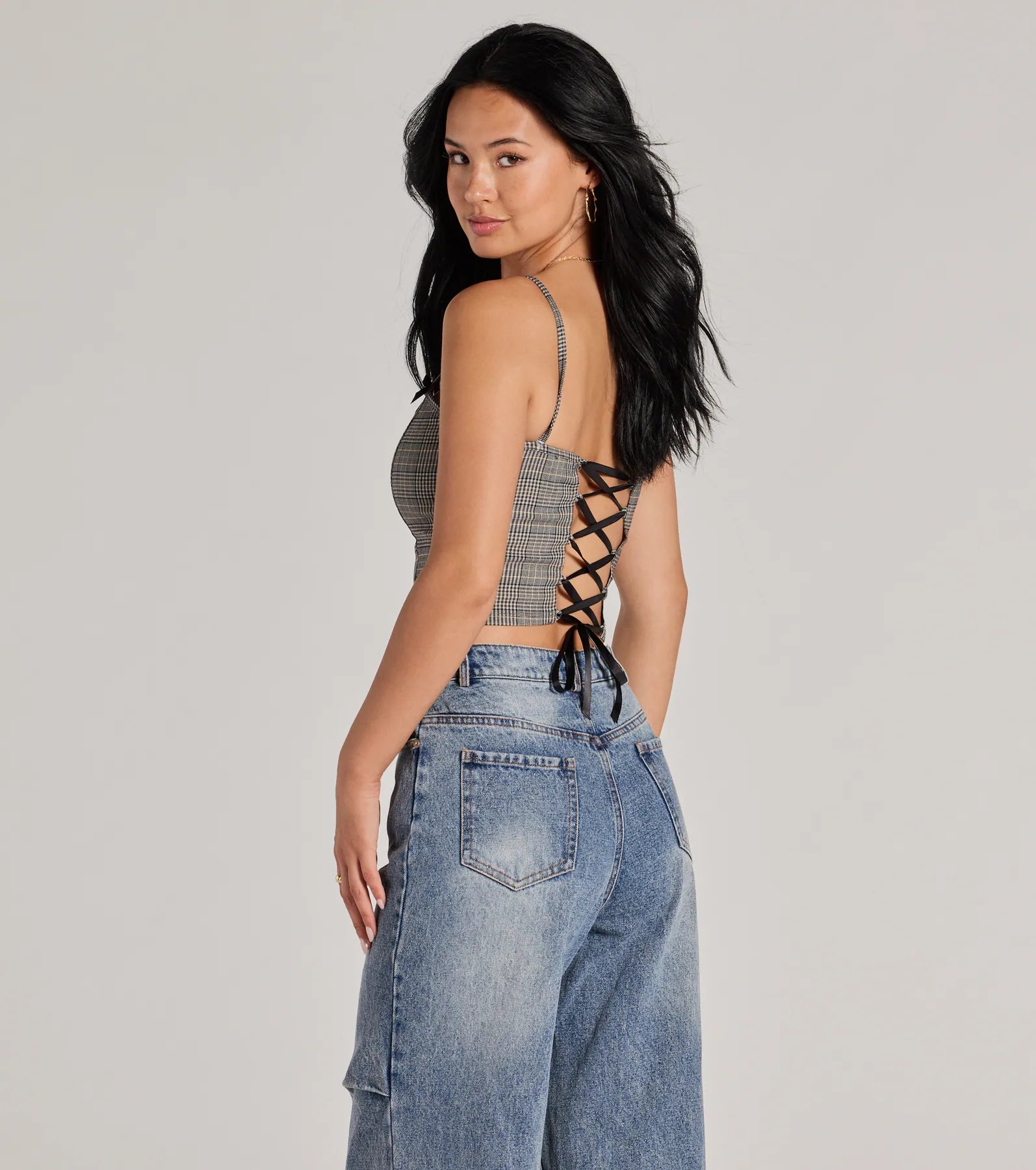 Preppy Vibe Lace-Up Plaid Corset Top - Image 2