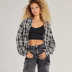 Casual Style Button-Down Plaid Flannel Top