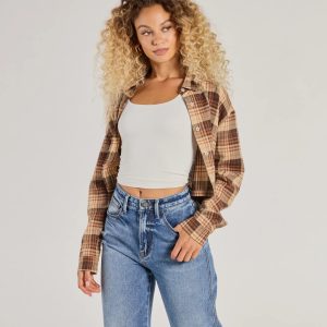 Casual Act Button-Up Plaid Crop Top