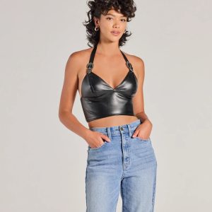 Bold Buckle Halter Strap Faux Leather Crop Top