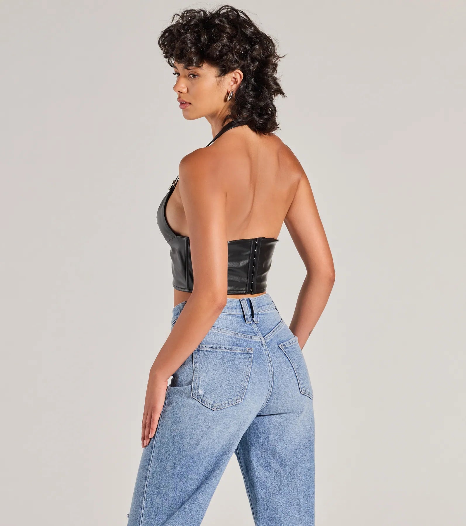 Bold Buckle Halter Strap Faux Leather Crop Top - Image 2