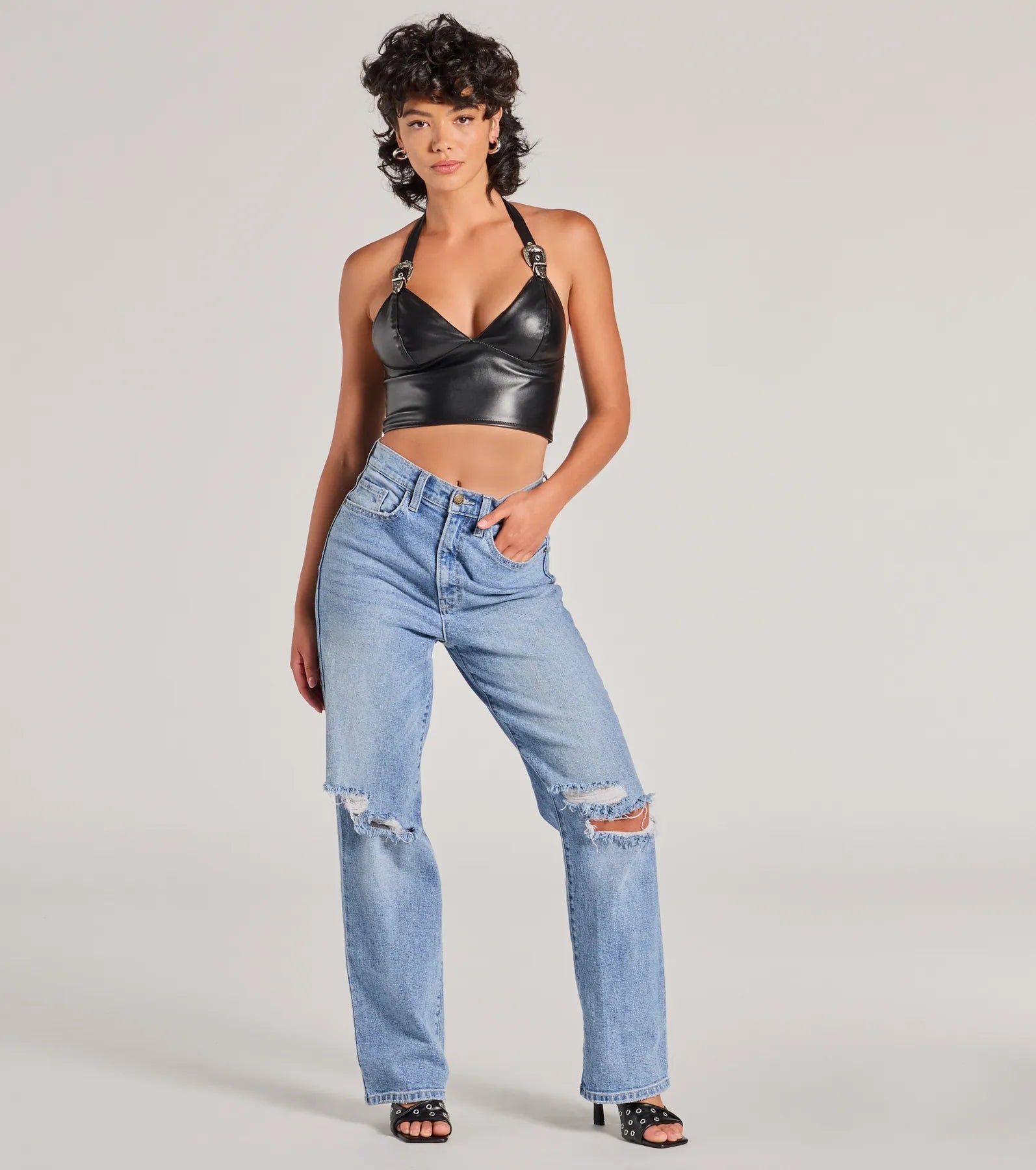 Bold Buckle Halter Strap Faux Leather Crop Top - Image 3