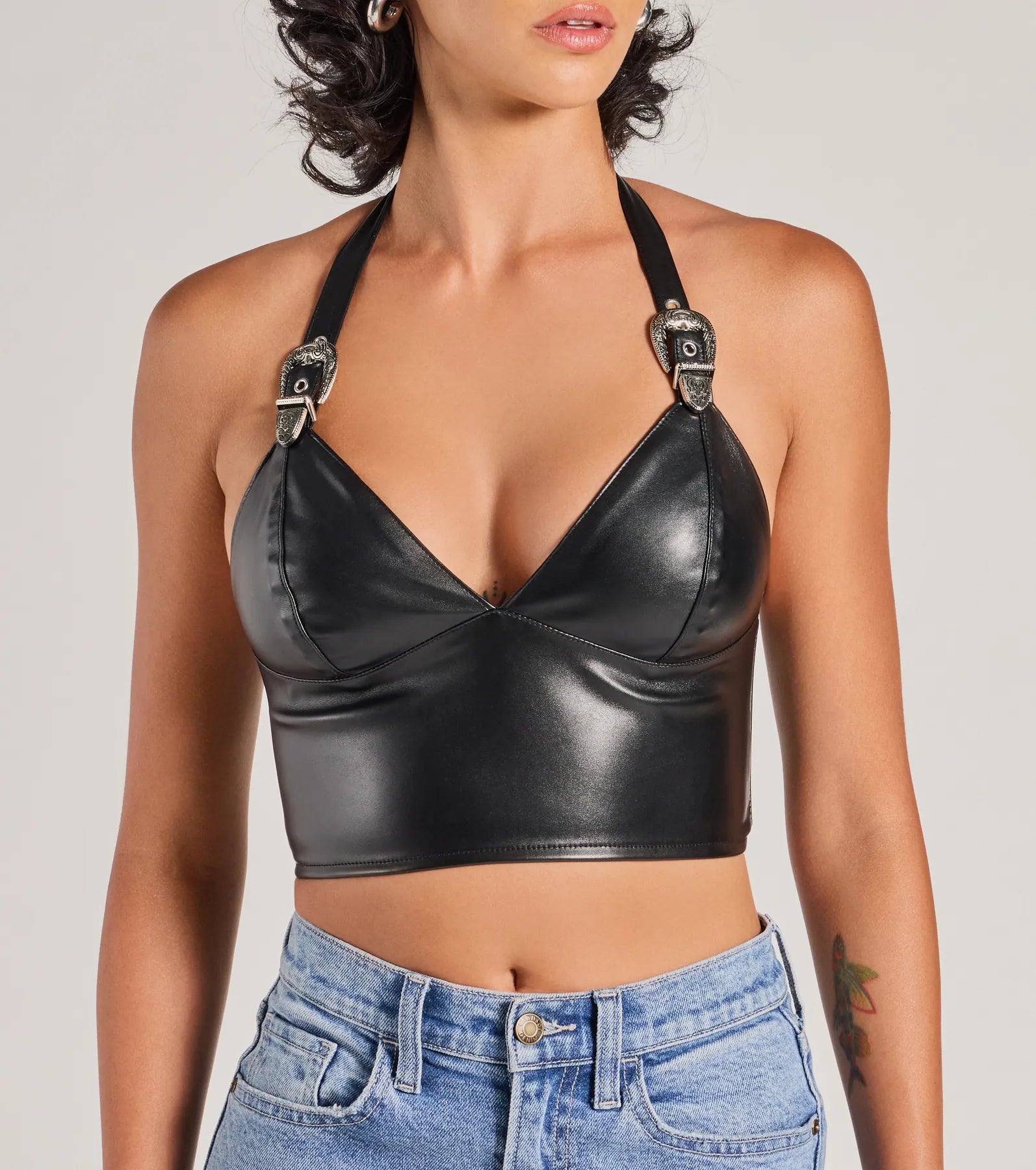 Bold Buckle Halter Strap Faux Leather Crop Top - Image 4