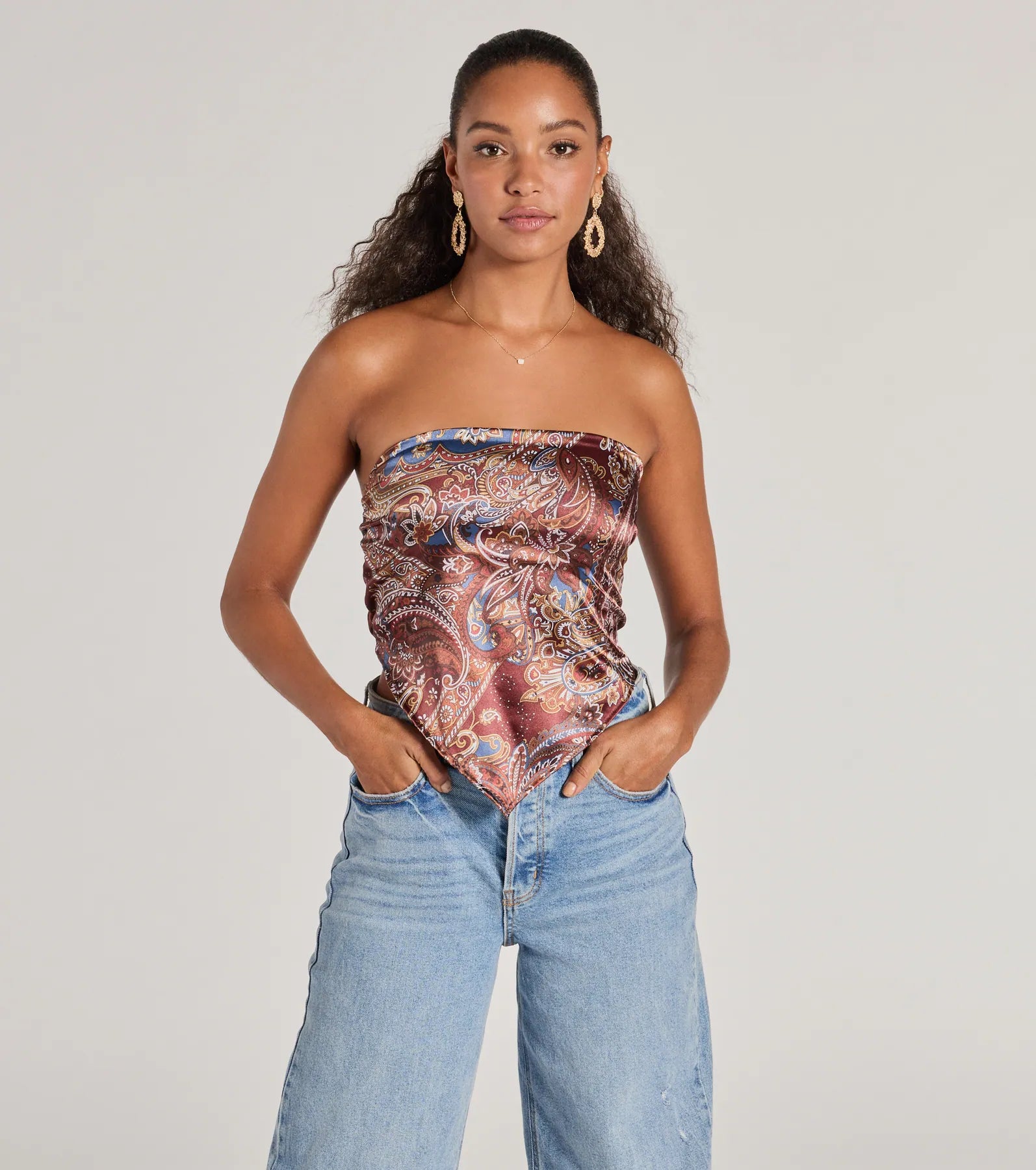 Sangria Sunset Strapless Paisley Satin Crop Top - Image 9