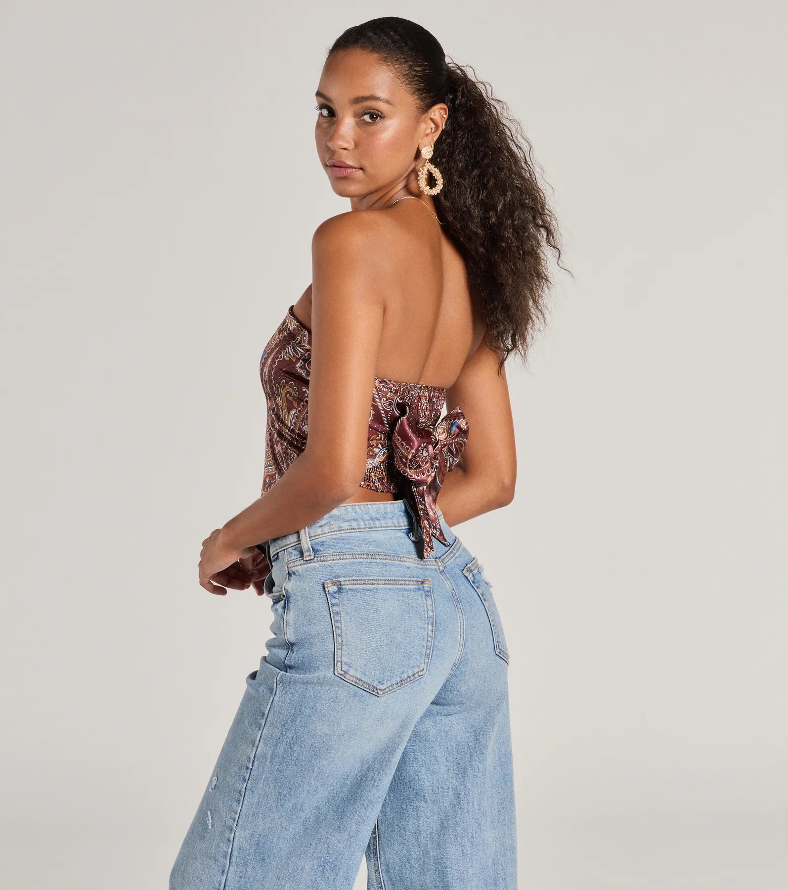 Sangria Sunset Strapless Paisley Satin Crop Top - Image 10
