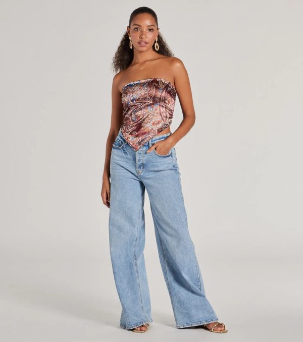 Sangria Sunset Strapless Paisley Satin Crop Top - Image 11