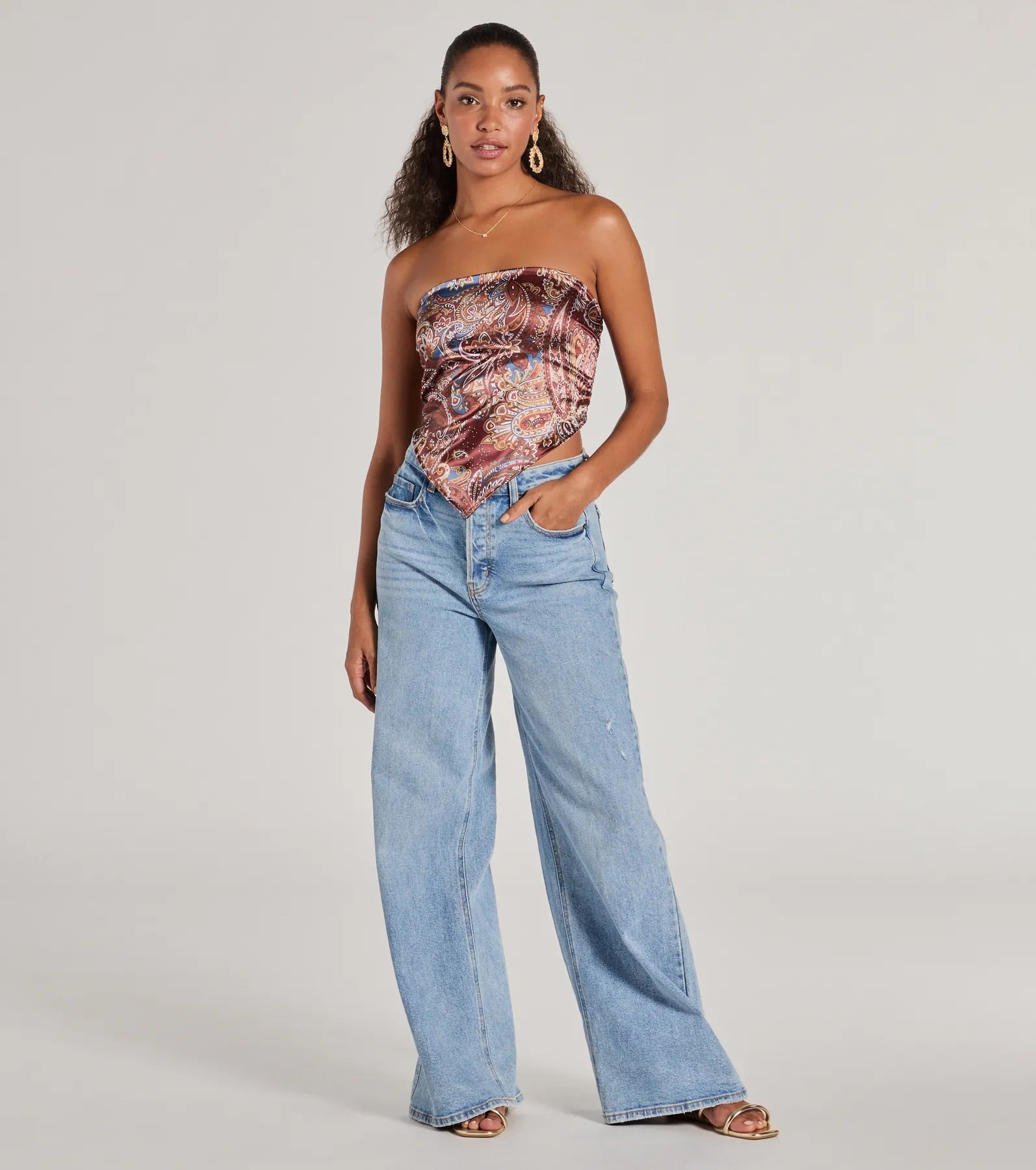 Sangria Sunset Strapless Paisley Satin Crop Top - Image 11