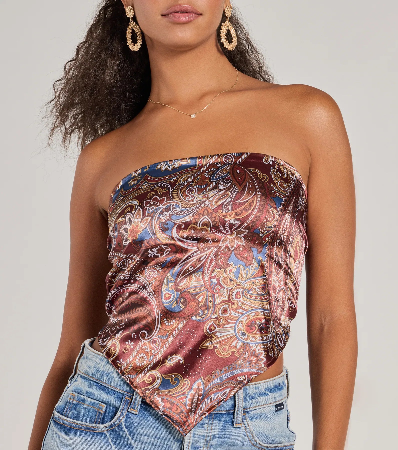 Sangria Sunset Strapless Paisley Satin Crop Top - Image 12